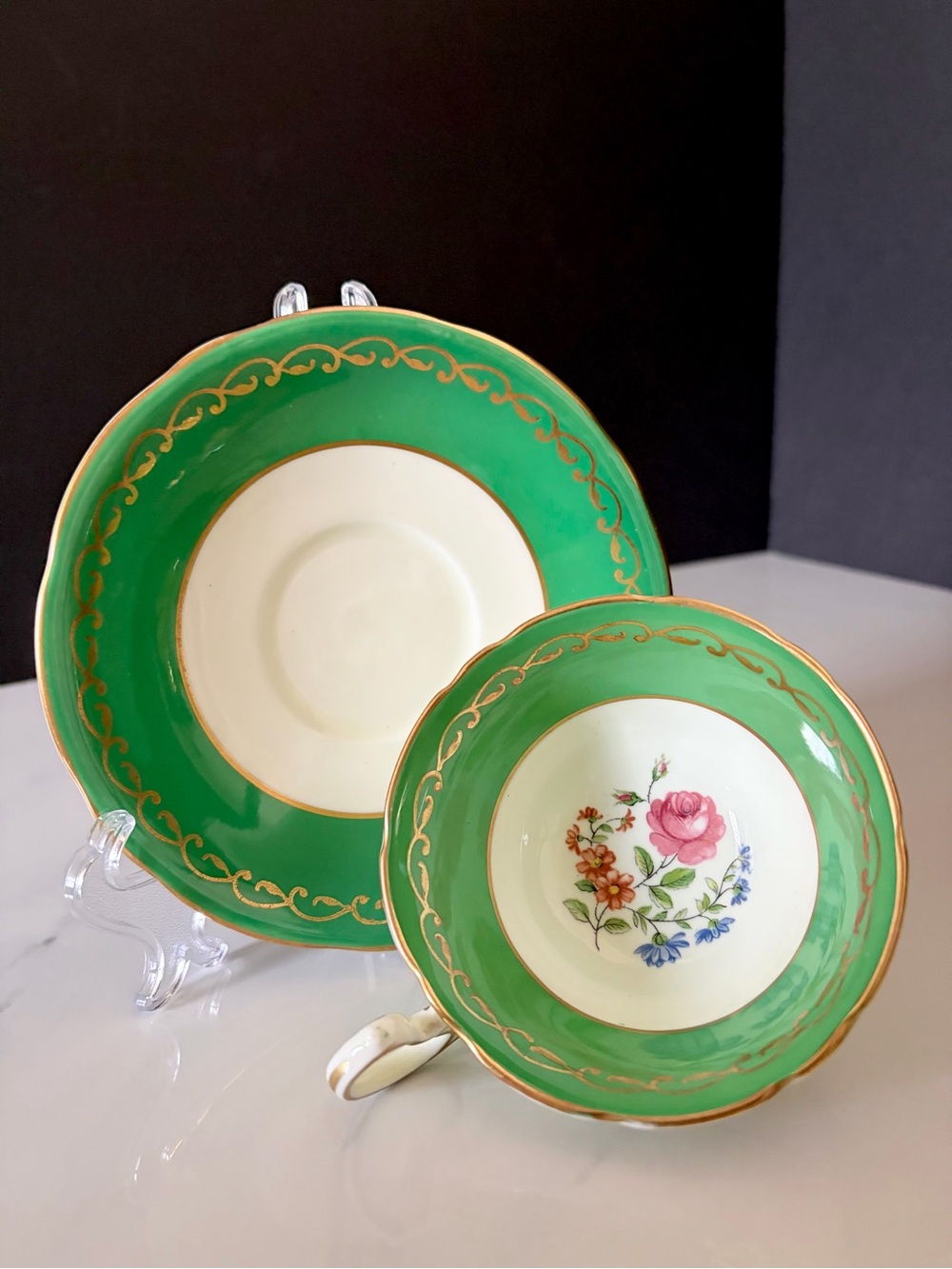 Green & Gold Floral Cup & Saucer by Aynsley